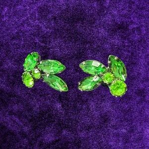 Vintage Silver Tone Julianne Style Green Glass Stone Rhinestone Clip Earrings